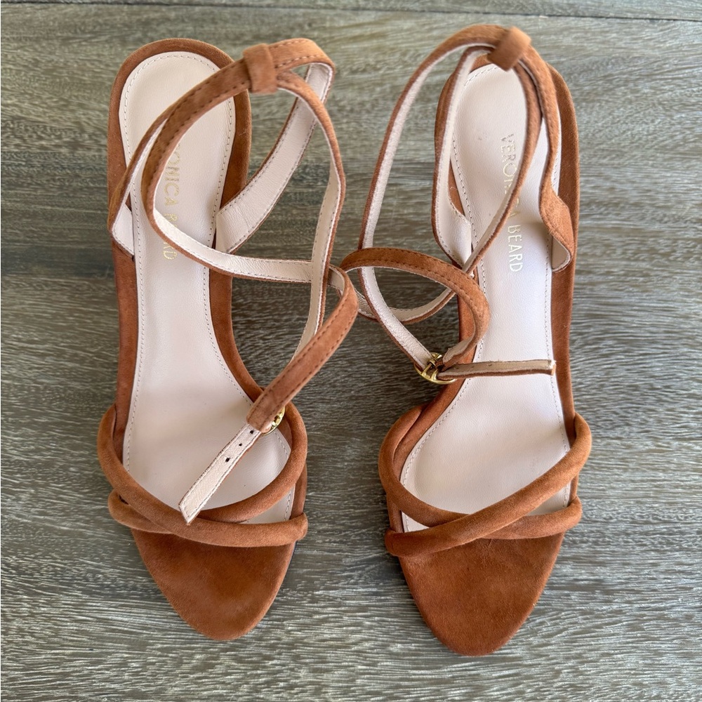 Veronica Beard Manuela 95MM Suede Ankle-Strap Wedge Sandals Caramel Brown 5.5 - Picture 7 of 11